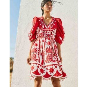 Farm Rio Anthropologie Red Tropical Cutwork Midi Dress Puff Sleeve M New